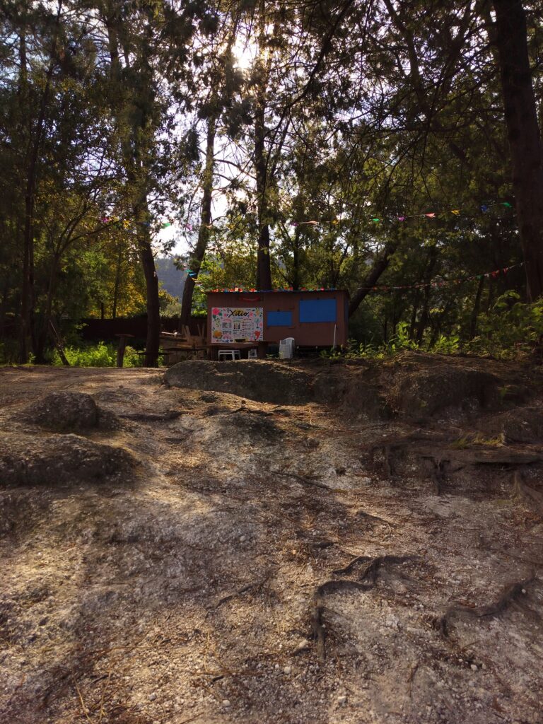 The same rocky clearing seen from a little further along, with sunlight through the trees and the painted kiosk at the far edge.